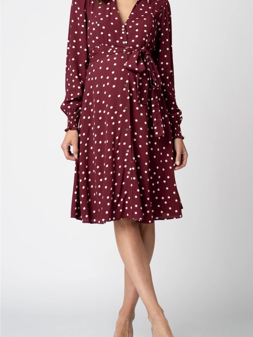 Seraphine Maternity Polka Dot Wrap Midi Dress in Burgundy Nursing Access Empire